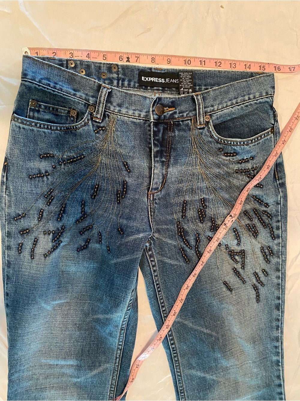 VTG Express Jeans 100% Cotton Studded Sunburst Low Rise Flare Leg 7/8 Y2K - Picture 8 of 15